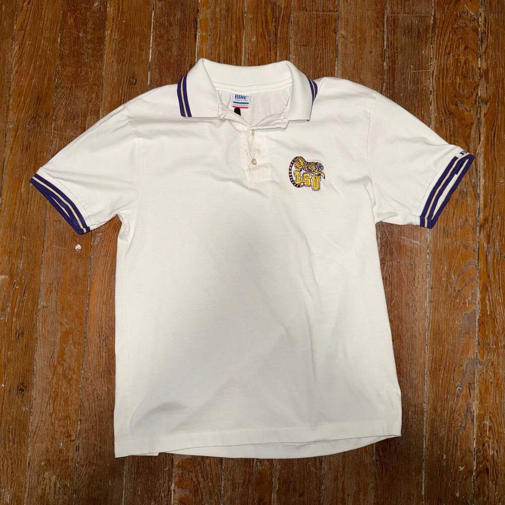 Vintage Bike LSU Tigers Polo Shirt White Embroidered Logo
